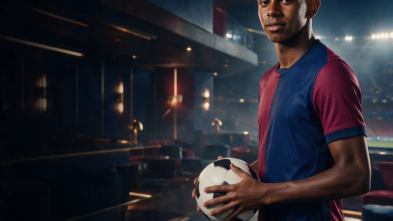 Lamine Yamal con un balón en un salón junto al estadio